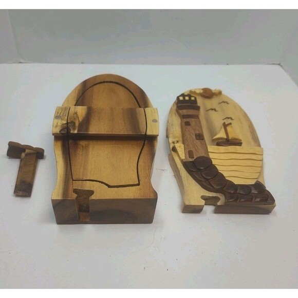 Polished Exotic Hardwood Wood Lighthouse Puzzle Trinket Box 7" Carver Dan - Picture 12 of 16